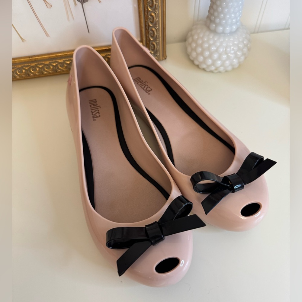 Melissa Pink Shoes With Black Bow Size 8 Jelly Shoes Flats Peep Toe